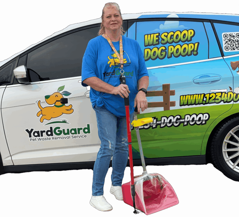 Person standing beside a Yard Guard vehicle holding a pooper scooper. The car has colorful promotional graphics with the text &#039;We Scoop Dog Poop!&#039; and the website URL &#039;www.1234dogpoop.com&#039;. The Yard Guard logo features a cartoon dog.