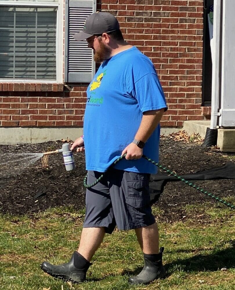 Spraying pet-safe yard deodorizer after dog waste cleanup